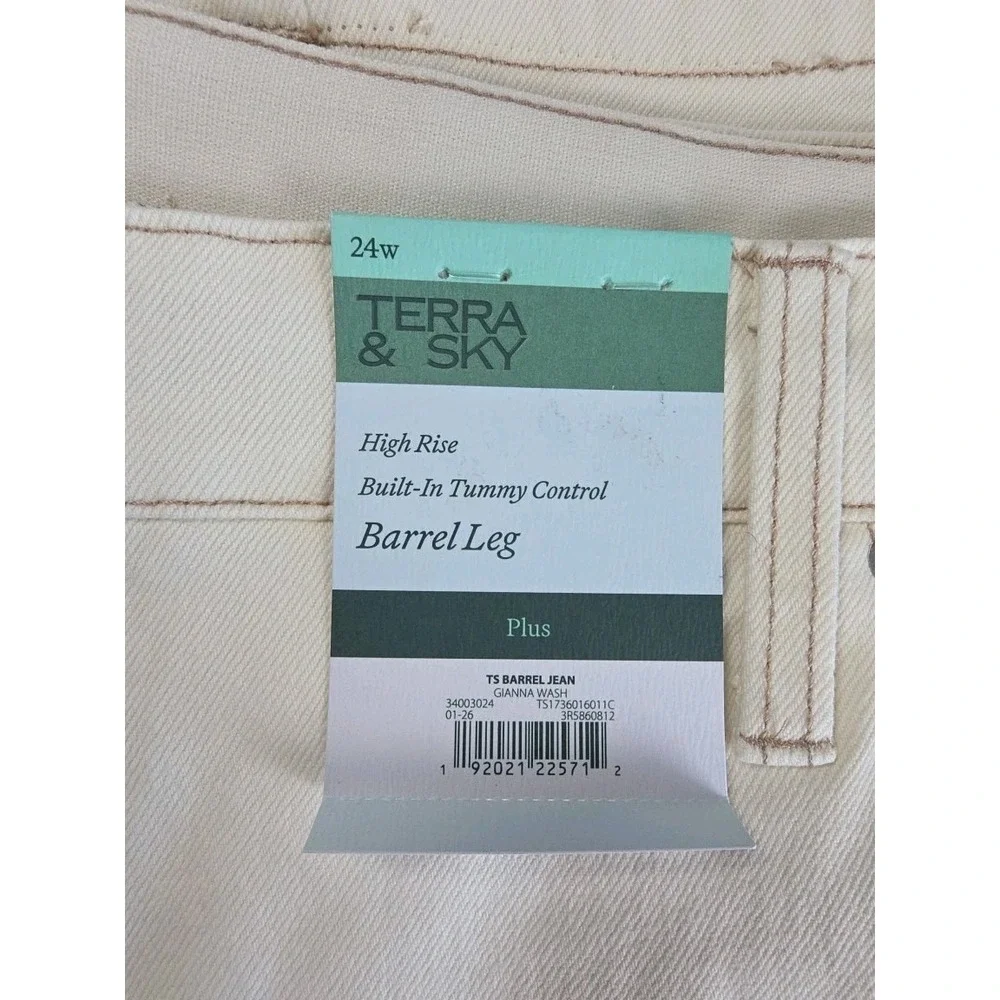 Terra & Sky Jeans Women 24W PLUS  White Barrel Leg Tummy Control Pants NWT